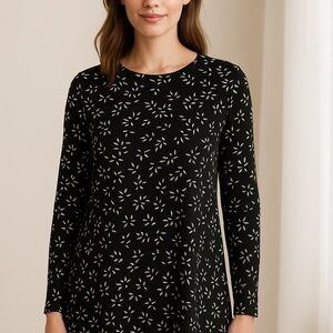 J.Jill Wearever Collection Black White Leaf Print Tunic Top Petite Medium‎